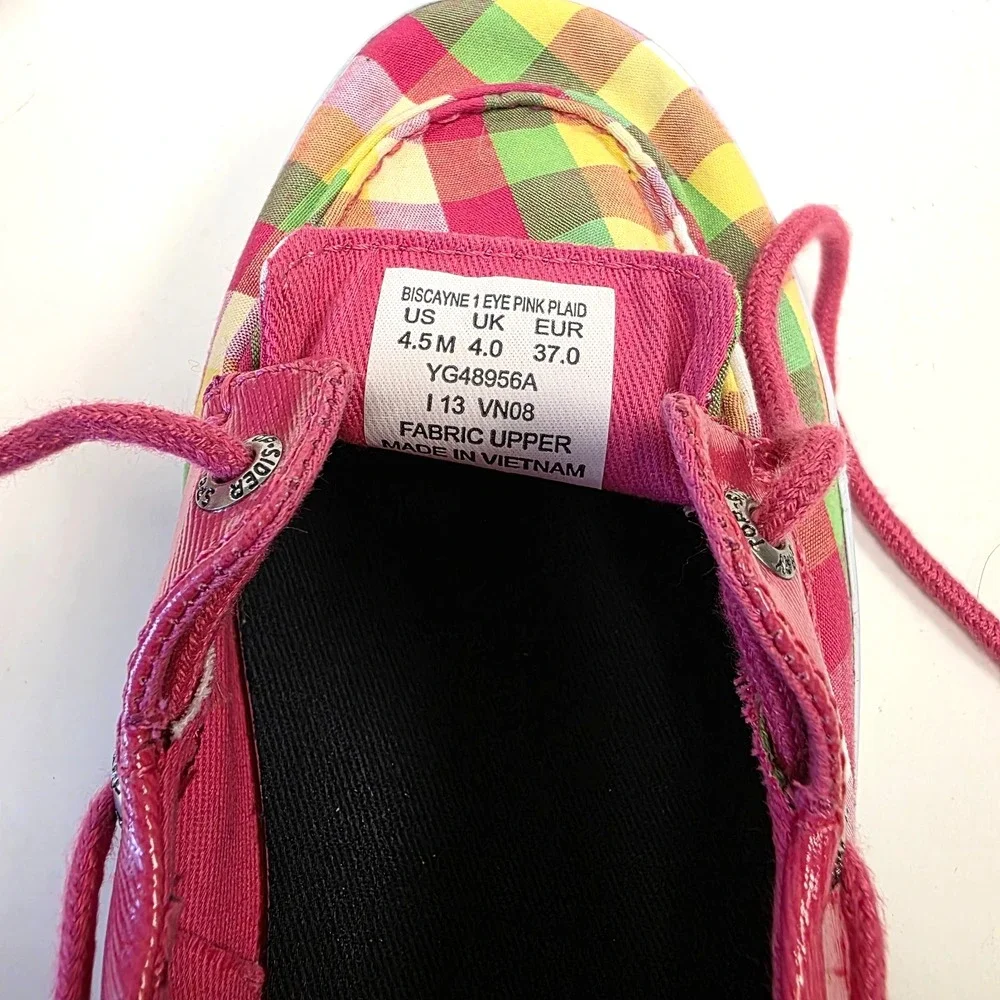 Sperry Top-Sider Pink Yellow Green Plaid Boat Loafer Shoes Size 4.5M Biscayne